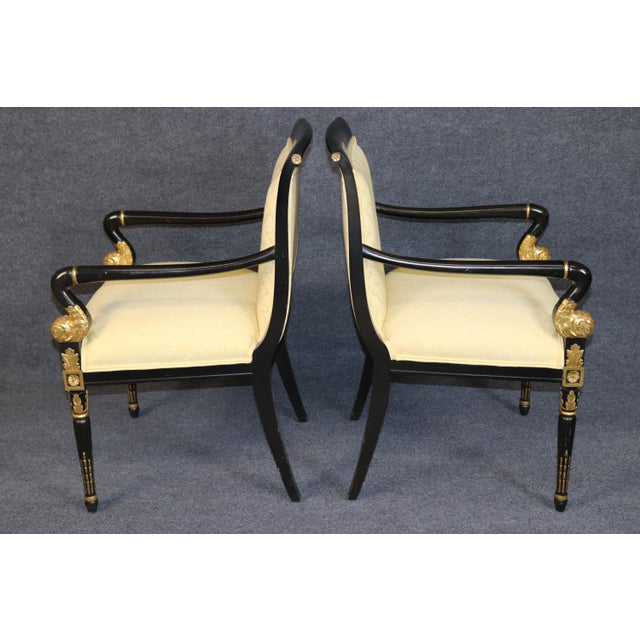 French Set 12 Louis XVI Style Ebonized and Gilt Dining Chairs For Sale - Image 3 of 13