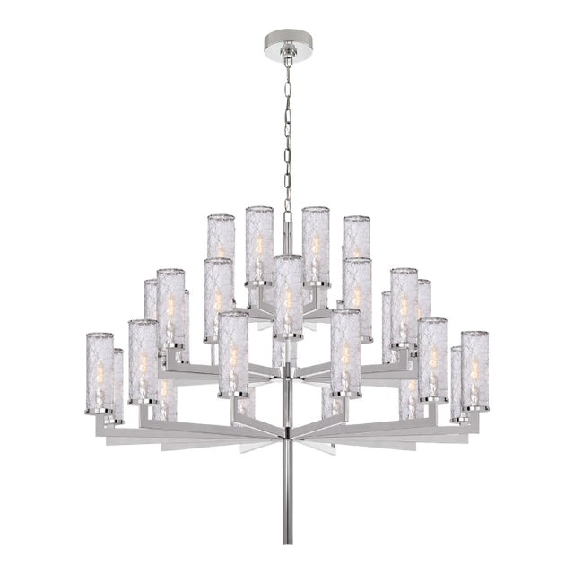 Kelly Wearstler for Visual Comfort Signature Liaison Triple Tier Chandelier in Polished Nickel with Crackle Glass For Sale