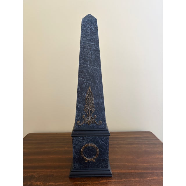 Gray Neoclassical Faux Marble Obelisk With Brass Mounts For Sale - Image 8 of 11