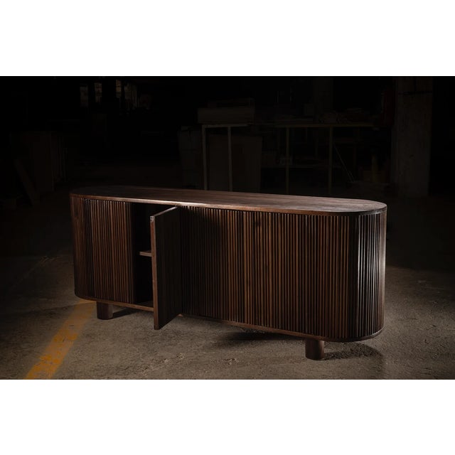 Mid-Century Modern Custom Midcentury Solid Wood Fluted Media Cabinet For Sale - Image 3 of 4