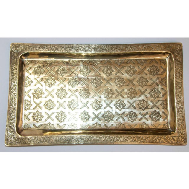 1940s Moroccan Brass Tray Rectangular Shape Polished Gold Brass Serving Platter For Sale - Image 13 of 13