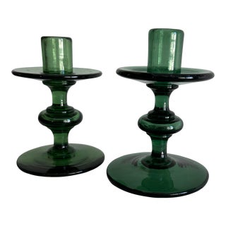 Mid-Century Mexican Green Blown Glass Candlestick Holders - Pair For Sale