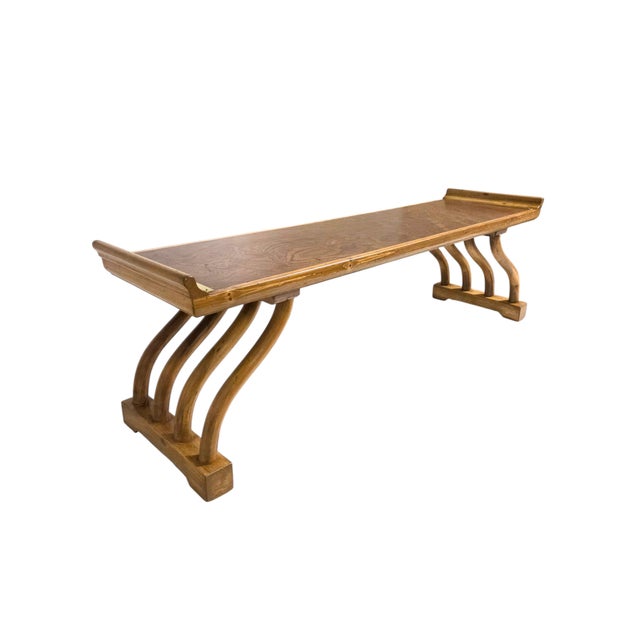1960s Figured Wood Grain and Brass-Trimmed, Curved Leg Bench, Seat, Low Dining Zataku Table/Kotatsu, For Sale - Image 10 of 17