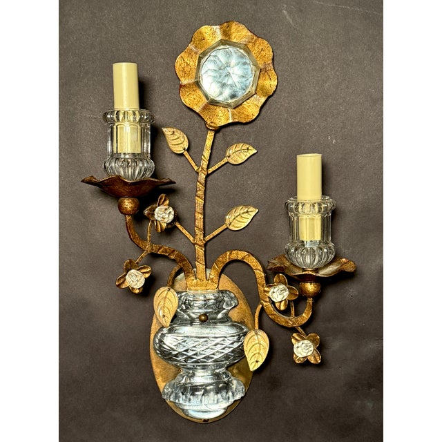 Hollywood Regency Late 20th Century Pair of Maison Bagues Gilt Metal and Glass Floral Wall Sconces For Sale - Image 3 of 12