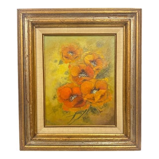 1960s Signed Oil Painting of Orange Poppies Flowers | Original Wood Frame For Sale