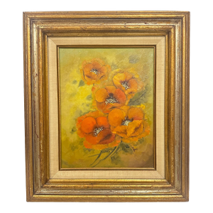 1960s Signed Oil Painting of Orange Poppies Flowers | Original Wood Frame