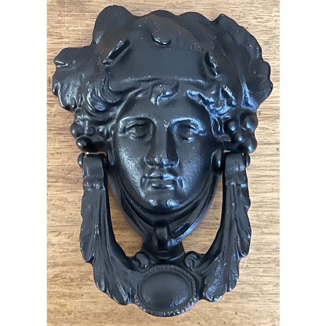 Black Grecian Face Cast Iron Door Knocker For Sale - Image 8 of 9