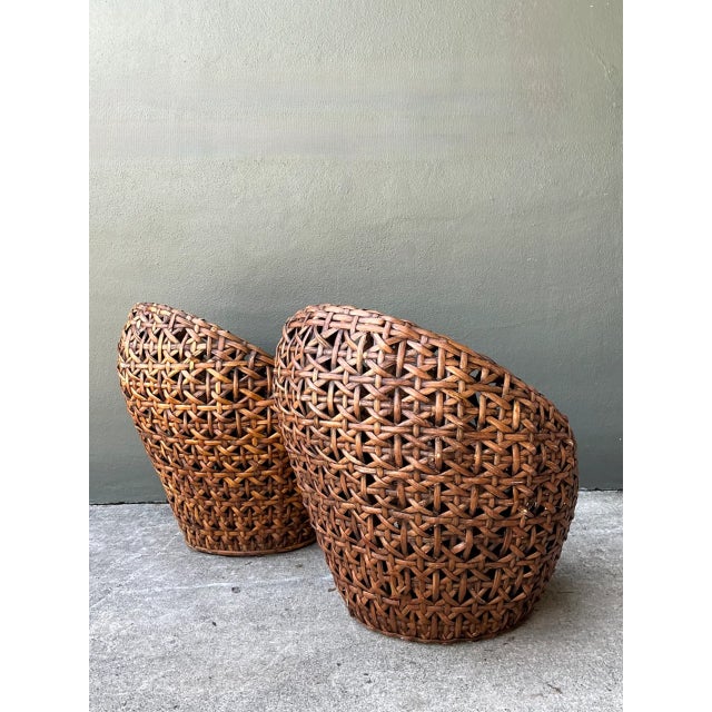 Late 20th Century Vintage Woven Rattan Lounge Chairs - Pair For Sale - Image 5 of 12