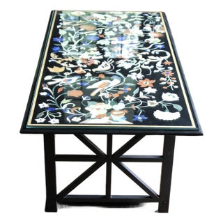 Pietra Dura Black Marble Coffee Table With Semi-Precious Stone Inlay For Sale