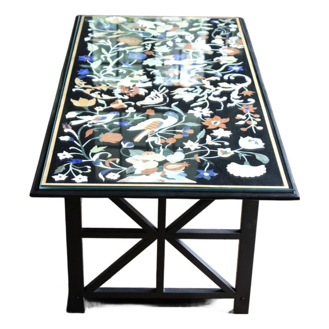 Pietra Dura Black Marble Coffee Table With Semi-Precious Stone Inlay For Sale
