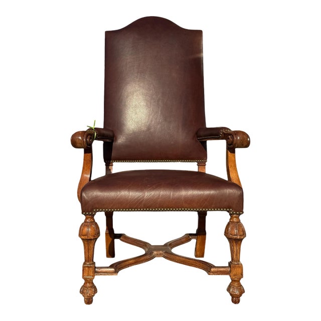 18th C Style French Mahogany Brown Leather Arm Chair For Sale