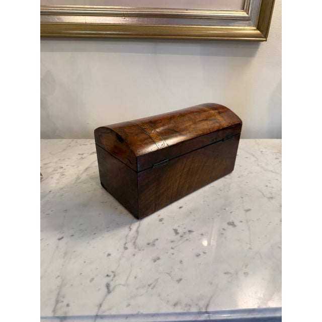 Late 19th Century Antique Victorian English Burr Walnut Tea Caddy With Geometric Inlay, C. 1870 For Sale - Image 5 of 7