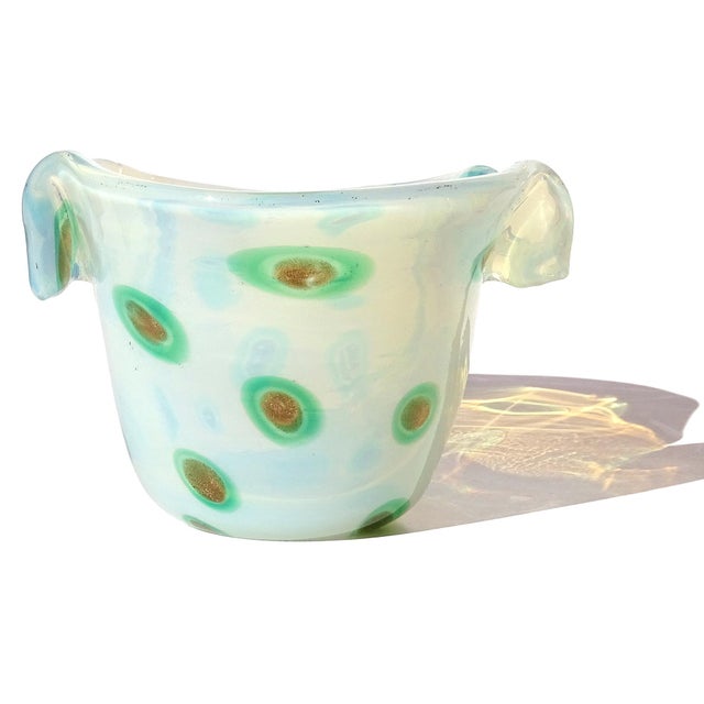 Glass Vintage Fratelli Toso Murano Opalescent White Green Aventurine Spots Italian Art Glass Cut Rim Bowl For Sale - Image 7 of 12