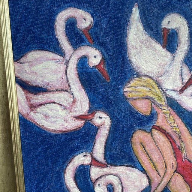 2020s Original Framed Swan & Figure Painting, Blue White Figurative Wall Art, Oil Chalk on Canvas in Gold Frame, 14x14 Whimsical Boho Home Decor For Sale - Image 5 of 5