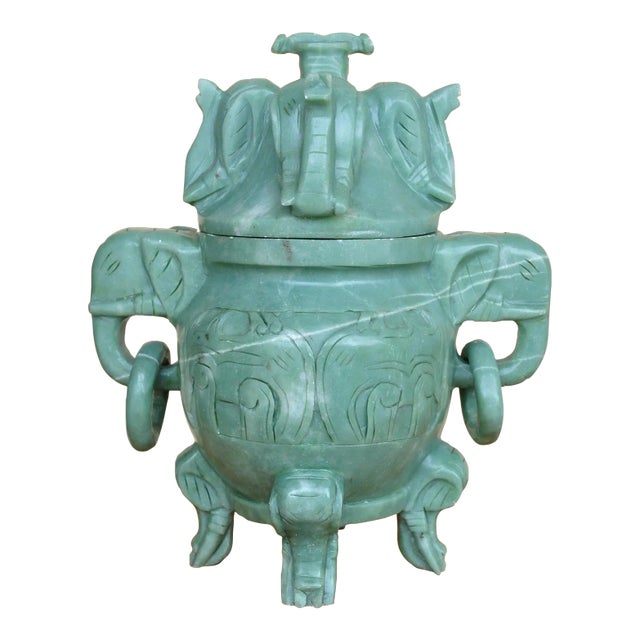 Carved Celadon Color Hardstone Chinese Incense Burner (Censer) With Elephant Head Motifs For Sale