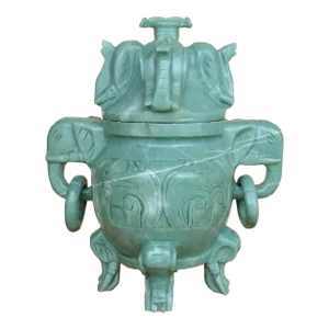 Carved Celadon Color Hardstone Chinese Incense Burner (Censer) With Elephant Head Motifs
