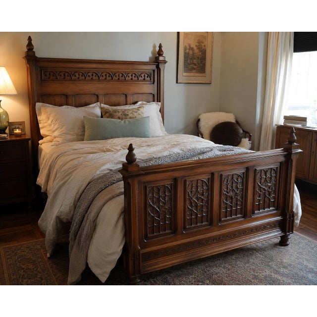 This impressive late 19th-century Gothic Revival bed is crafted of richly figured walnut and features beautifully executed...