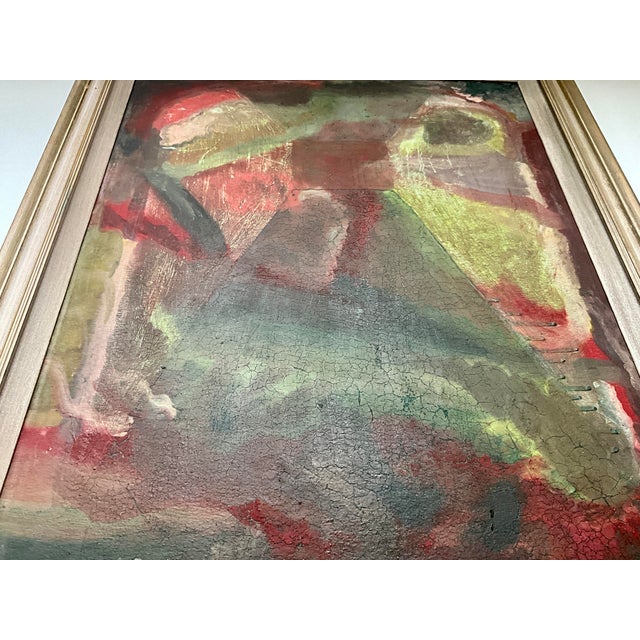 Vintage Abstract Painting With Craquelure in Original Wood Frame For Sale - Image 9 of 14