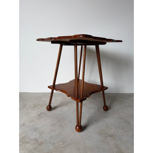 Brown Antique Arts & Crafts Style Two-Tier Oak Accent Table With Scalloped Top Barley Twist Legs and Ball Feet For Sale - Image 8 of 12
