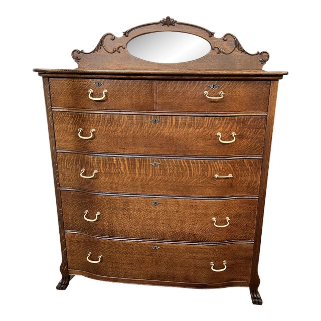 Early 1900s Large Antique Oak Chest of Drawers/Highboy With Mirror For Sale