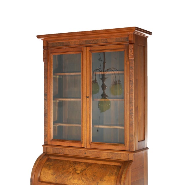 Late 19th Century Antique Victorian Walnut & Burl Barrel Roll Top Secretary Bookcase & Desk C1890 For Sale - Image 4 of 10