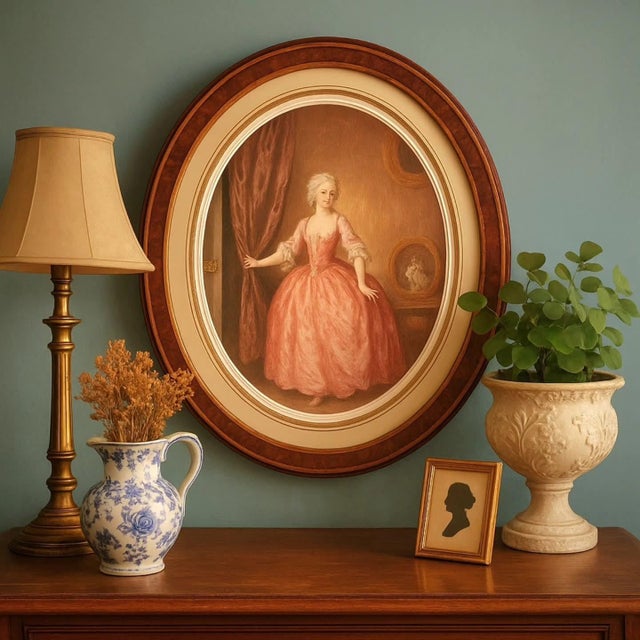 The secret encounter sensual and mischievous art deco aquatint, in its refined original oval briar frame, with antique mat...