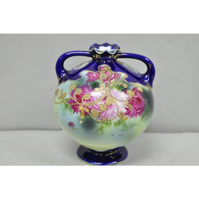 Vintage Victorian Blue Hand Painted Porcelain Floral Twin Handled Bulbous Vase For Sale - Image 14 of 14