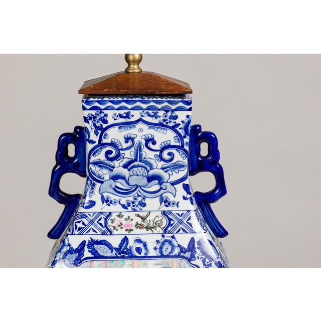 Mid-Century Modern Blue and White Porcelain Table Lamp with Hand-Painted Court Scenes For Sale - Image 3 of 12