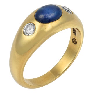 Vintage Sapphire Diamond Bezel Set 18k Yellow Gold Ring, Size 5.5 For Sale
