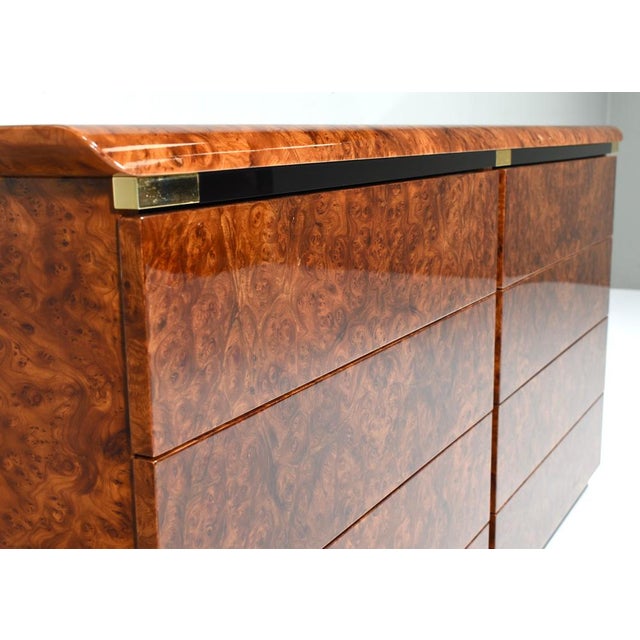 Italian Drawer Credenza in High Gloss Burl and Brass, Italy, 1970s For Sale - Image 10 of 15