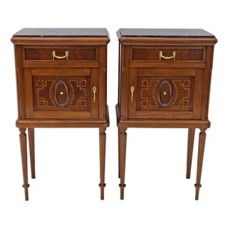 Louis XVI Style Bedside Tables with Inlays and Marble Top, Italy, 1920s, Set of 2 For Sale