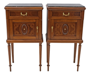 Louis XVI Style Bedside Tables with Inlays and Marble Top, Italy, 1920s, Set of 2