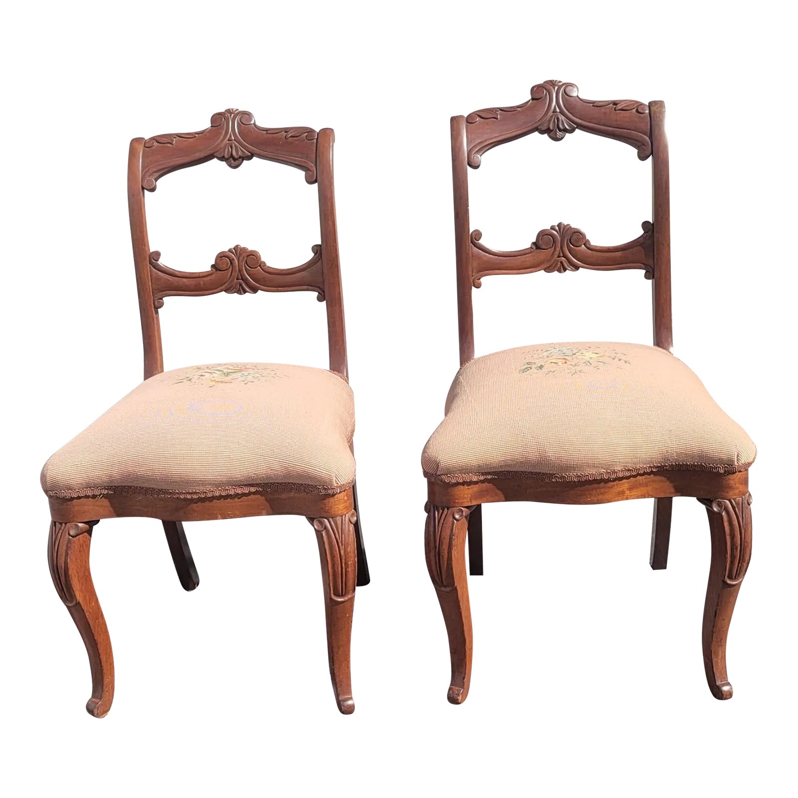 Victorian Ladder Back Carved Mahogany Needlepoint Upholstered Side