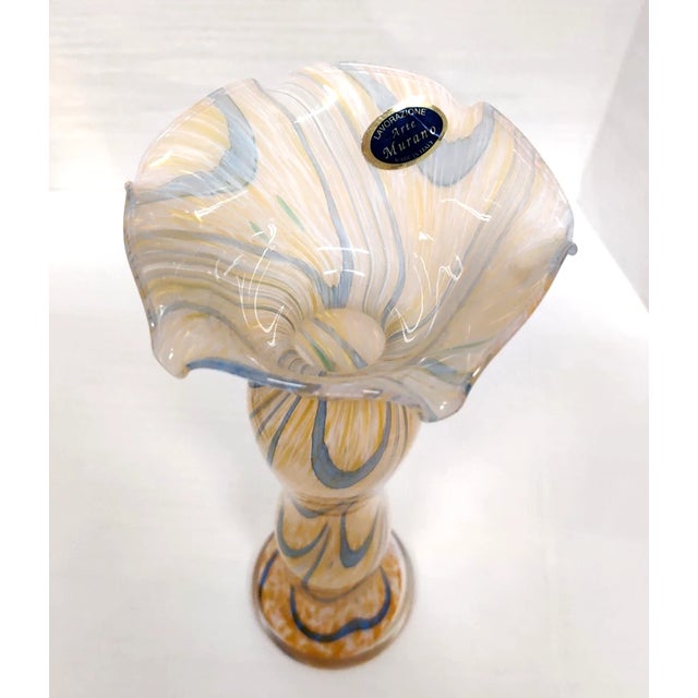 1960s Vintage Murano Lavorazione Arte Italy Yellow Blue Swirl Glass Vase 11"h For Sale - Image 5 of 8