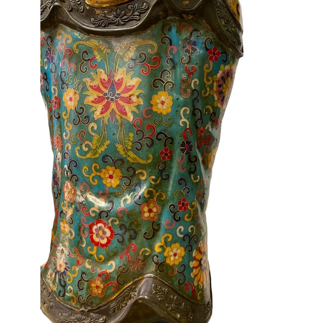 Metal Vintage Large Metal Blue Yellow Enamel Cloisonné Kwan Yin Statue For Sale - Image 7 of 9
