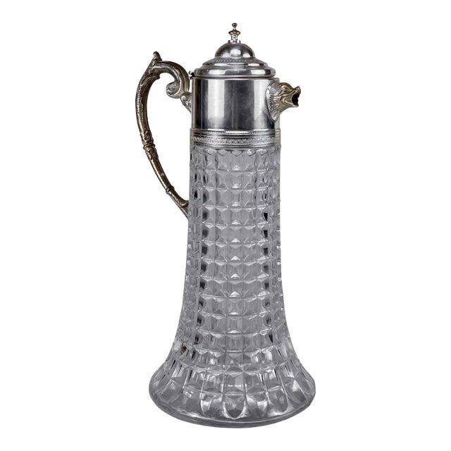 Vintage Victorian Crystal Glass Ewer Pitcher W/ Figural Dolphin Motif For Sale