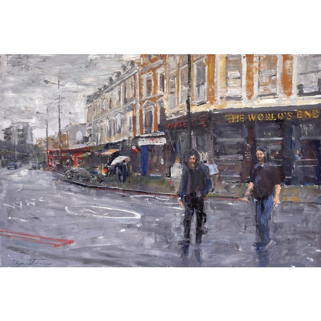 Crossing Over captures a rainy urban scene, where two figures traverse a glistening street, their presence adding a sense...