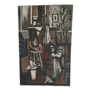 1950s Frederick Robbins Childs "Interior Space with Cat" Modernist Interior Still Life Oil Painting on Canvas