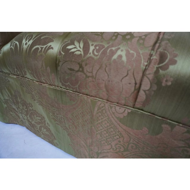 Pair of Custom Curved Back Tufted Damask Sofas Includes Additional Silk Velvet Slipcovers For Sale - Image 18 of 18
