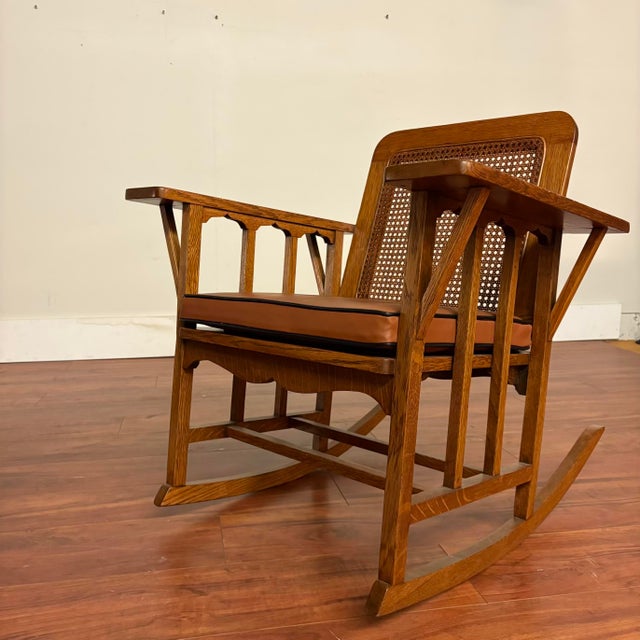 Vintage Oak & Cane Mission Style Rocking Chair With New Leather Cushions For Sale - Image 11 of 18