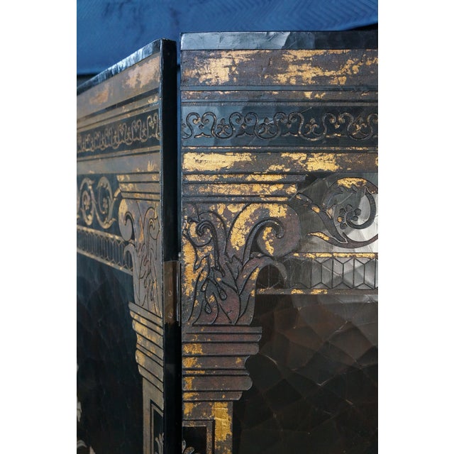 Vintage Chinoiserie Black Lacquer 8 Panel Folding Screen Room Divider 144" For Sale - Image 9 of 18