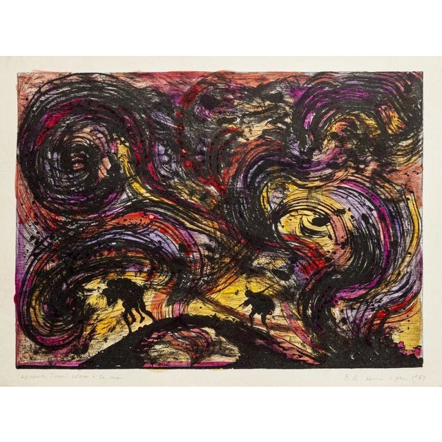 Escape from Troy 1967 is an original watercolored lithograph on ivory-colored paper, realized by Russian scenographer...