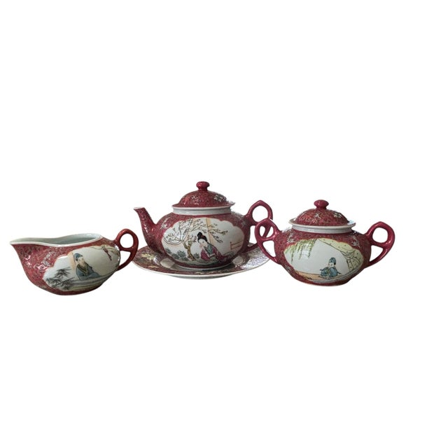 Chinoiserie Mid-Century Vintage Mun Shou Longevity Hand Painted Luncheon Set, 28pcs. For Sale - Image 3 of 12