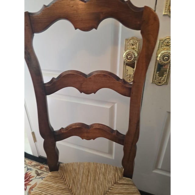 2 Vintage French Provincial Ladder Back Walnut Rush Seat Chairs For Sale - Image 6 of 13