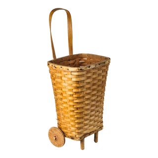 Antique Splint Wood Rolling Basket Cart For Sale