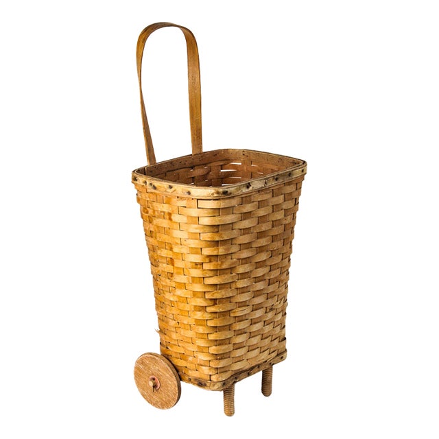 Antique Splint Wood Rolling Basket Cart For Sale