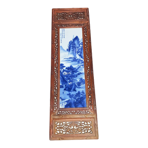 Lg Vintage Chinese Shan Shui Blue and White Porcelain Wood Panel 49.25" H