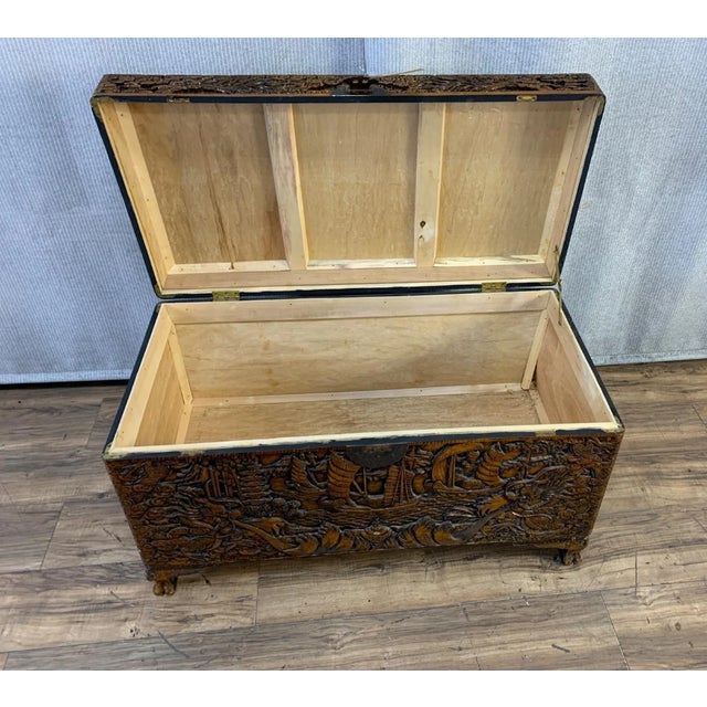 1950s Vintage Chinese Camphor Chest Trunk or Coffee Table Hand Carved W Boats Ships For Sale - Image 5 of 9