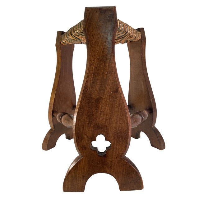 Set of Brutalist Neo Gothic Rush Oak Tripod Stools, France, 1960s For Sale - Image 11 of 18