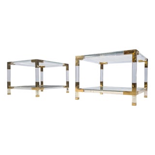 Vintage Acrylic Glass and Brass Side Tables, 1980s, Set of 2 For Sale